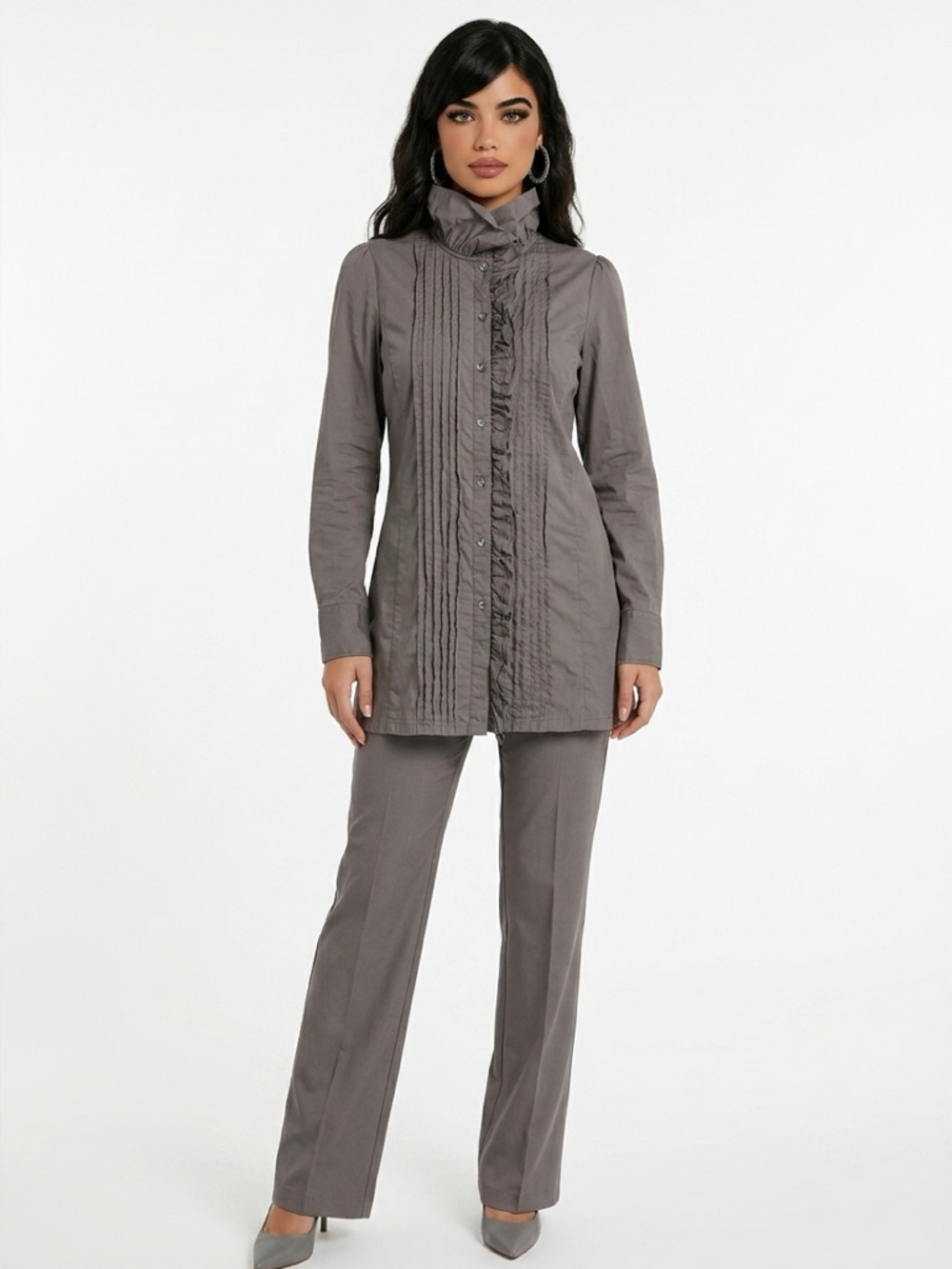 Ice | Gray Ruffle Pleated Button Down Tunic Shirt High Collar Size M